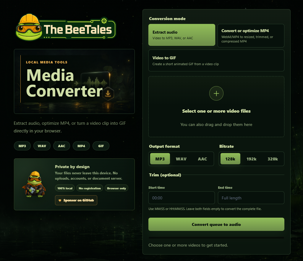Updated Beetales Media Converter interface showing audio, video, and GIF conversion options