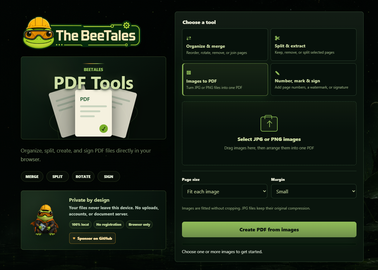 BeeTales PDF Tools interface for organizing, splitting, creating, and signing PDF files