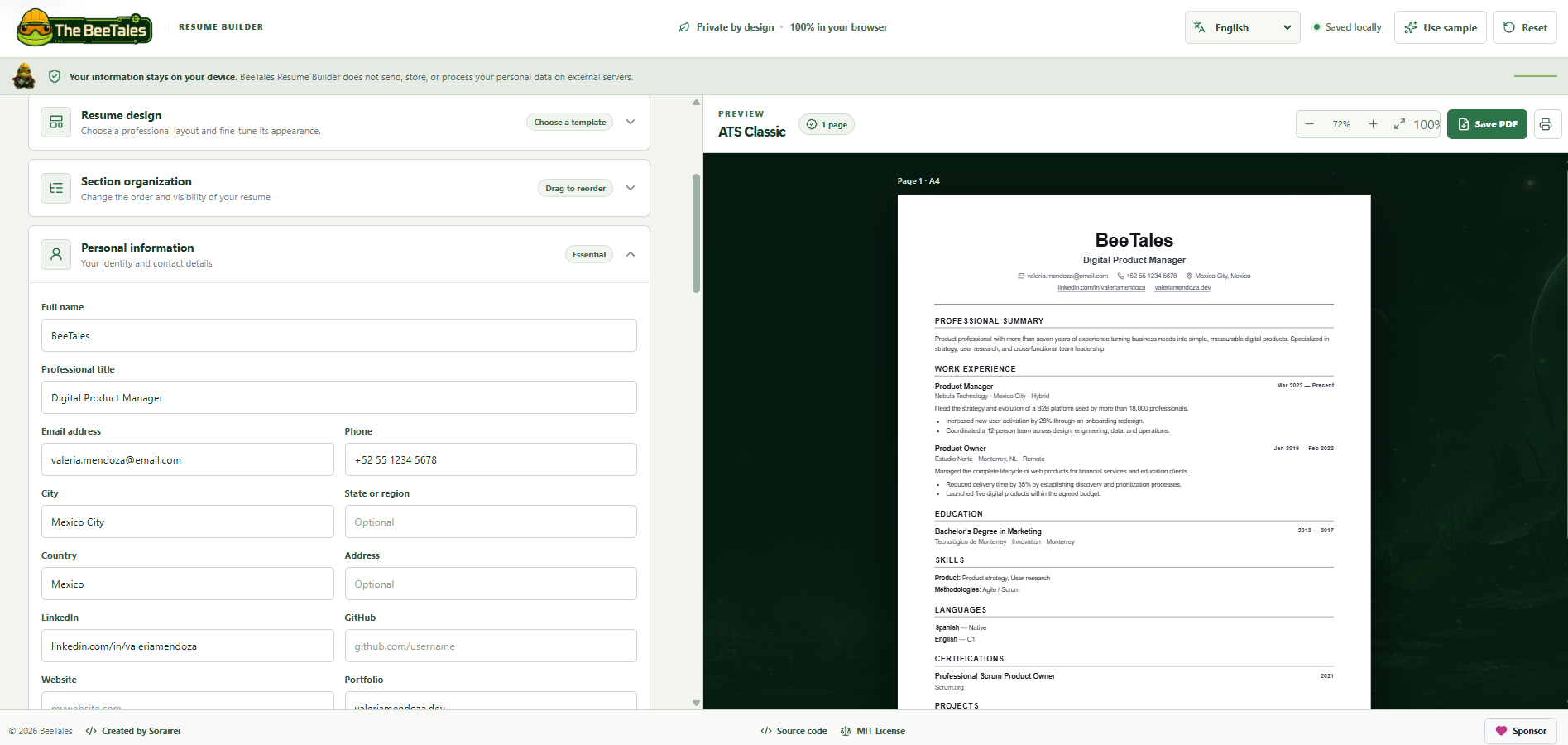 BeeTales Resume Builder interface with resume form controls and a professional document preview