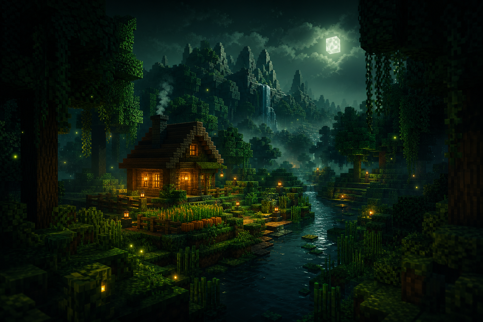 Original voxel survival world with a warm cabin beside a river in a moonlit forest